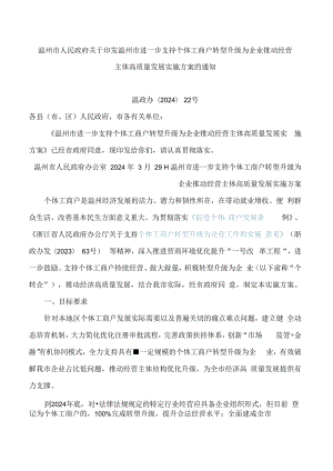 温州市人民政府关于印发温州市进一步支持个体工商户转型升级为企业推动经营主体高质量发展实施方案的通知.docx