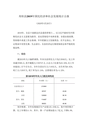 寿阳县2019年国民经济和社会发展统计公报.docx