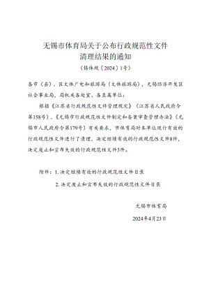 无锡市体育局关于公布行政规范性文件清理结果的通知.docx