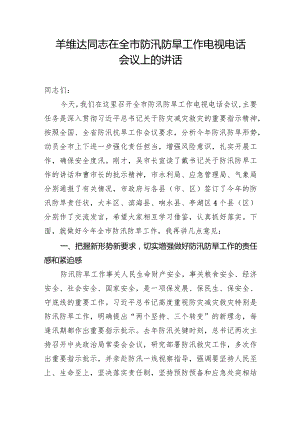 羊维达同志在全市防汛防旱工作电视电话会议上的讲话.docx