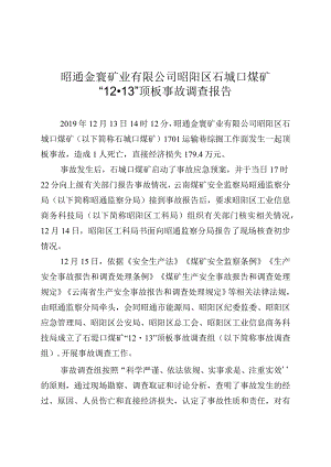 昭通金寰矿业有限公司昭阳区石垭口煤矿“12·13”顶板事故调查报告.docx