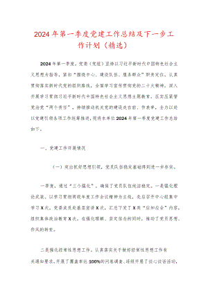 2024年第一季度党建工作总结及下一步工作计划（精选）.docx