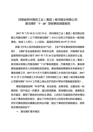 河南省郑州煤炭工业（集团）杨河煤业有限公司裴沟煤矿“7·18”顶板事故调查报告.docx