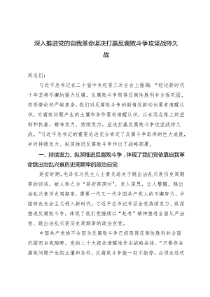 2024年5月党课讲稿深入推进党的自我革命 坚决打赢反腐败斗争攻坚战持久战研讨发言.docx