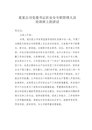 某某公司党委书记在安全专职管理人员培训班上的讲话.docx