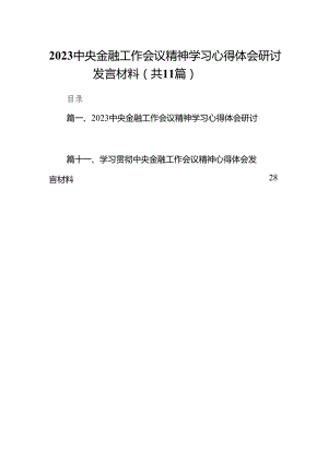 中央金融工作会议精神学习心得体会研讨发言材料范文11篇（详细版）.docx