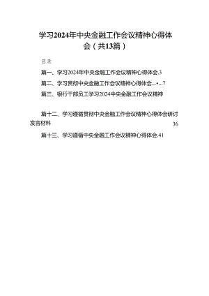 学习2024年中央金融工作会议精神心得体会范文13篇（精编版）.docx