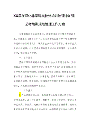XX县在深化非学科类校外培训治理中加强艺考培训规范管理工作方案.docx