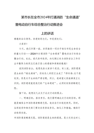 某市长在全市2024年打通消防“生命通道”暨电动自行车综合整治行动推进会上的讲话.docx