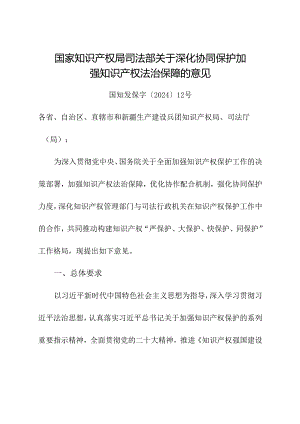 2024年《国家知识产权局 司法部关于深化协同保护加强知识产权法治保障的意见》.docx