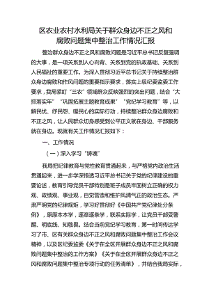 群众身边不正之风和腐败问题集中整治工作情况总结汇报2600字（农业农村水利）.docx