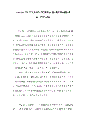 2024年在深入学习贯彻总书记重要讲话和全国两会精神会议上的讲话3篇.docx