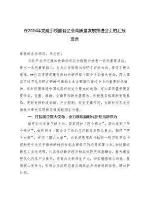2篇 在2024年党建引领国有企业高质量发展推进会上的汇报发言.docx