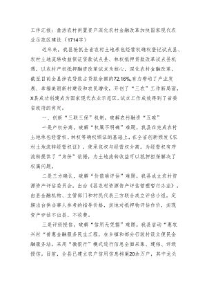 工作汇报：盘活农村闲置资产深化农村金融改革加快国家现代农业示范区建设.docx
