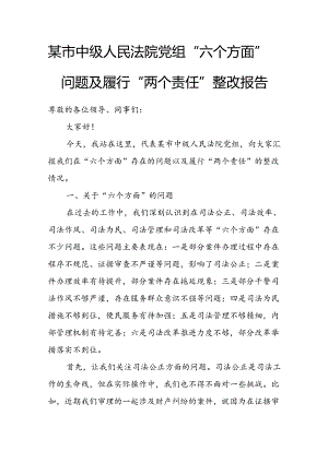 某市中级人民法院党组“六个方面”问题及履行“两个责任”整改报告.docx