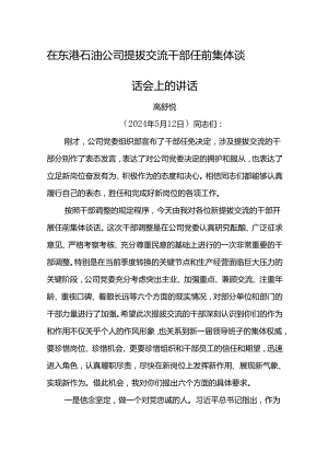 党委书记在东港石油公司提拔交流干部 任前集体谈话会上的讲话.docx