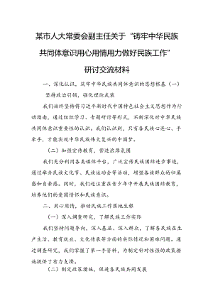 某市人大常委会副主任关于“铸牢中华民族共同体意识 用心用情用力做好民族工作”研讨交流材料.docx