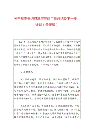 关于党委书记抓基层党建工作总结及下一步计划（最新版）.docx