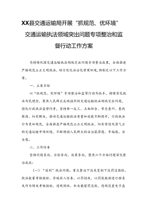 XX县交通运输局开展“抓规范、优环境”交通运输执法领域突出问题专项整治和监督行动工作方案.docx