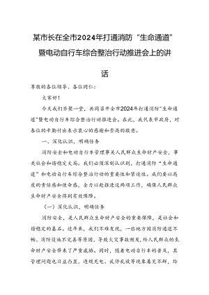 某市长在全市2024年打通消防“生命通道”暨电动自行车综合整治行动推进会上的讲话1.docx