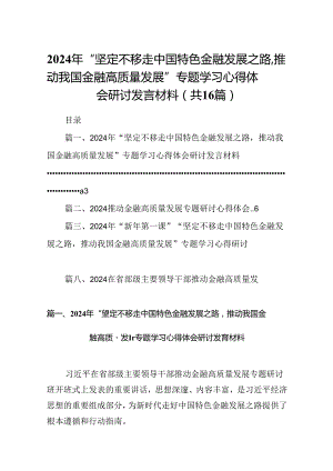 （16篇）2024年“坚定不移走中国特色金融发展之路推动我国金融高质量发展”专题学习心得体会研讨发言材料（详细版）.docx