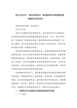 电力行业关于“强化使命担当推动国有经济高质量发展”专题研讨发言材料（共6篇）.docx