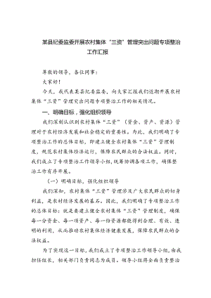 某县纪委监委开展农村集体“三资”管理突出问题专项整治工作汇报参考范文三篇.docx
