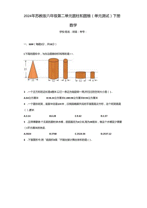 2024年苏教版六年级第二单元圆柱和圆锥.docx