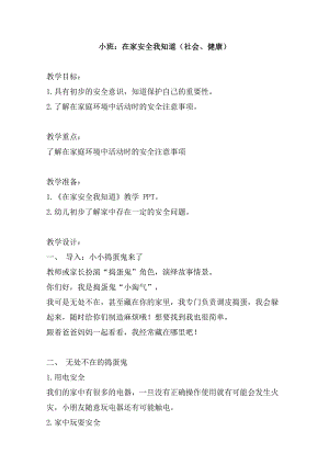 小班社会健康 《在家安全我知道》PPT课件教案小班 《在家安全我知道》.doc