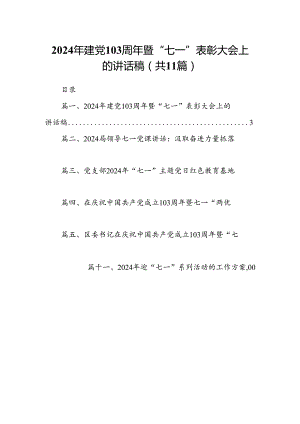 （11篇）2024年建党103周年暨“七一”表彰大会上的讲话稿范文.docx