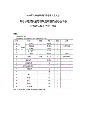 2024年山东省职业技能等级认定试卷 真题 养老护理员 高级考场5考场准备通知单.docx