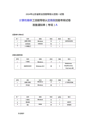 2024年山东省职业技能等级认定试卷 真题 计算机维修工高级实操考场、考生准备通知单A.docx