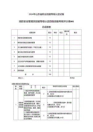 2024年山东省职业技能等级认定试卷 真题 消防安全管理员实操四级（中级） 操作技能试卷评分记录表.docx