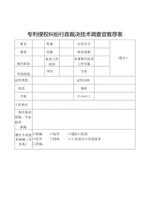 专利侵权纠纷行政裁决技术调查官推荐表.docx