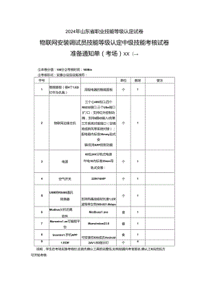 2024年山东省职业技能等级认定试卷 真题 物联网安装调试员 中级考场准备通知单 (5).docx
