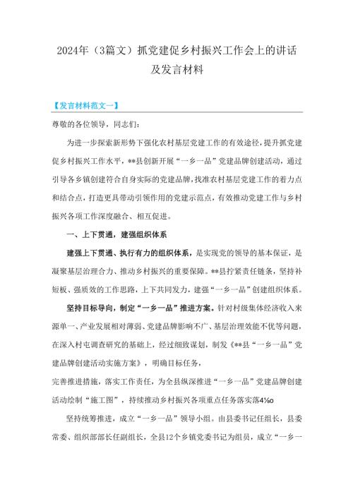 2024年（3篇文）抓党建促乡村振兴工作会上的讲话及发言材料.docx