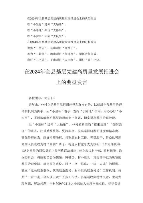 2024年基层党建高质量发展推进会上的典型发言范文两篇.docx