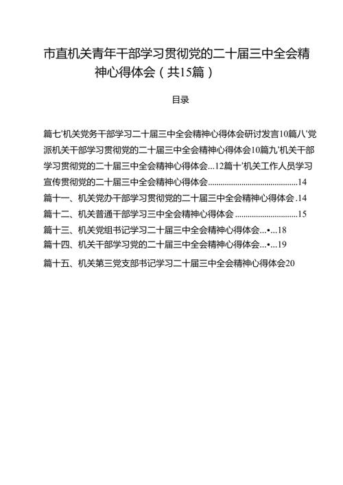 （15篇）市直机关青年干部学习贯彻党的二十届三中全会精神心得体会范文.docx