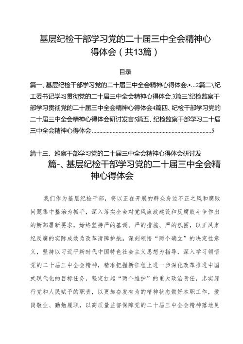 （13篇）基层纪检干部学习党的二十届三中全会精神心得体会（精选）.docx