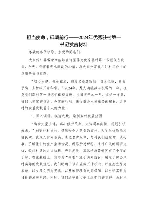 担当使命砥砺前行——2024年优秀驻村第一书记发言材料.docx