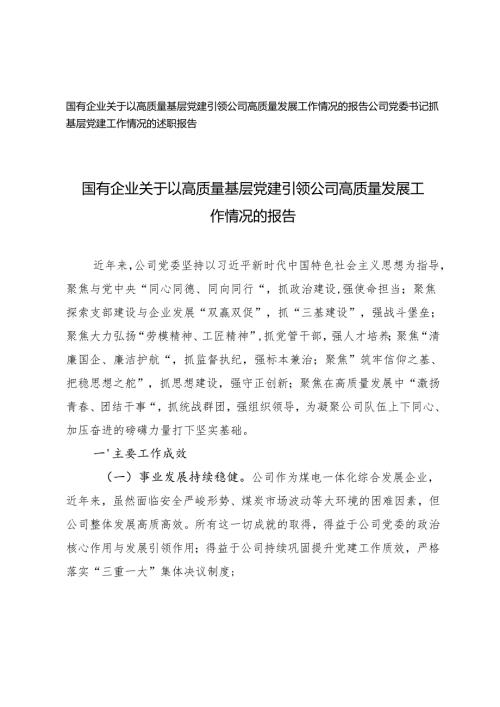 国有企业关于以高质量基层党建引领公司高质量发展工作情况的报告+公司党委书记抓基层党建工作情况的述职报告.docx