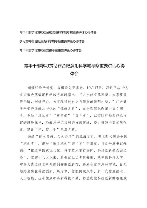 青年干部学习2024年在合肥滨湖科学城考察重要讲话心得体会.docx