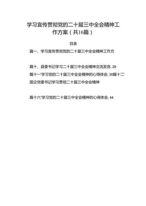 学习宣传贯彻党的二十届三中全会精神工作方案16篇（详细版）.docx