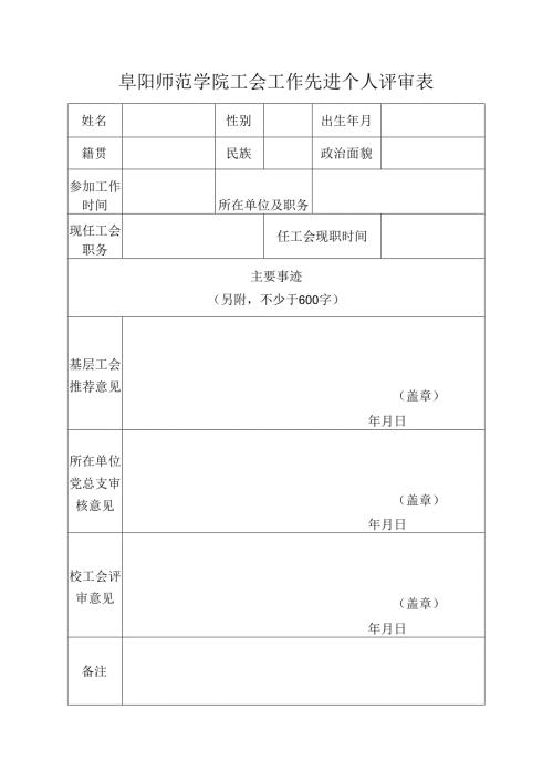 阜阳师范学院工会工作先进个人评审表.docx