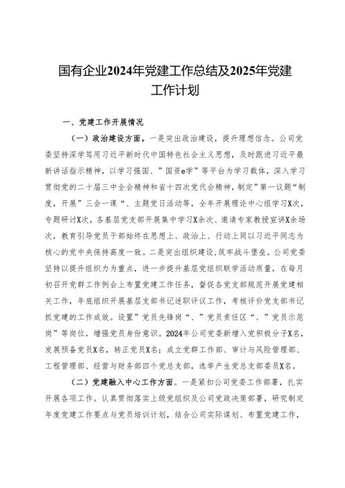 国有企业2024年党建工作总结及2025年党建工作计划.docx