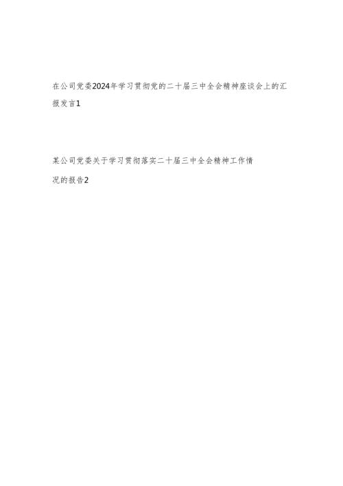 在公司党委2024年学习贯彻党的二十届三中全会精神座谈会上的汇报发言和工作情况总结.docx