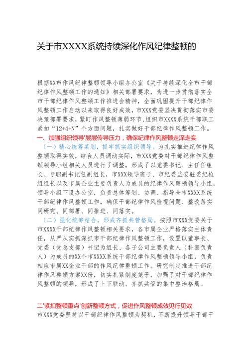 关于市XXXX系统持续深化作风纪律整顿的总结.docx