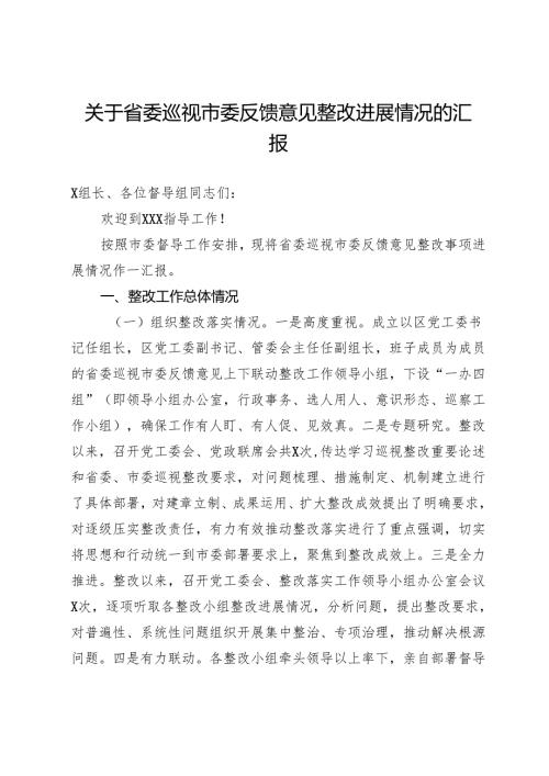 关于省委巡视市委反馈意见整改进展情况的汇报.docx