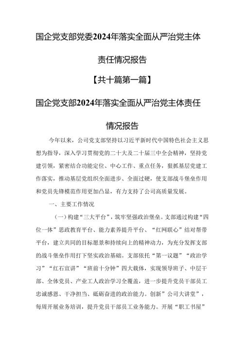 （10篇）国企党支部党委2024年落实全面从严治党主体责任情况报告.docx