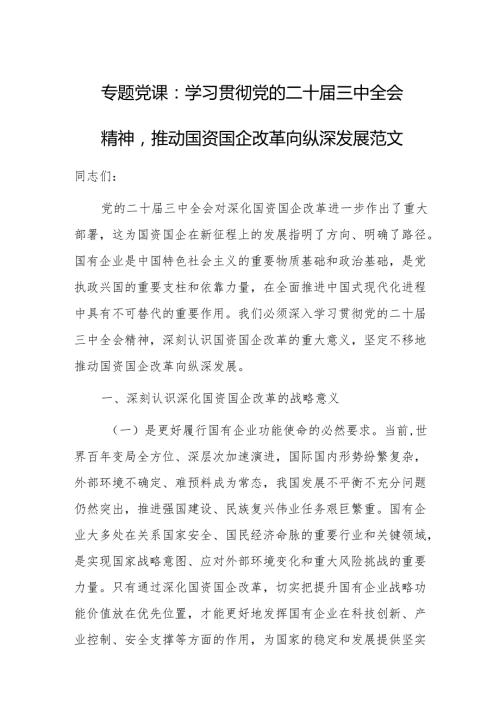 专题党课范文：学习贯彻党的二十届三中会议精神推动国资国企改革向纵深发展.docx